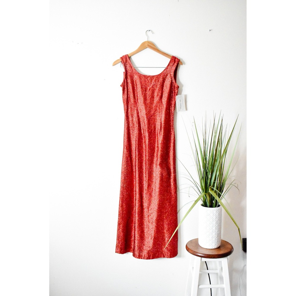 Vintage‎ Maxi Dress Women Small Red 70s Metallic Sparkle Disco Glam Gown